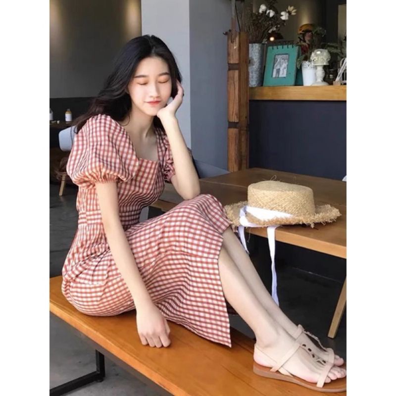 ĐẦM MIDI CỔ XUÔNG CA RÔ HỒNG XINH XINH CR99