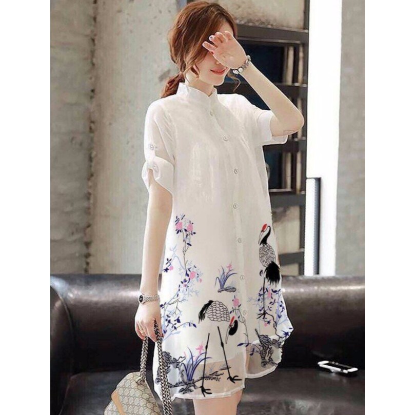 FREESHIP ĐƠN 99K_ĐẦM SUÔNG FORM RỘNG IN HẠC CỰC XINH V1