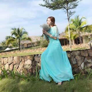 (free chỉnh sửa váy) đầm dạ hội dài voan cát tay loe váy xoè