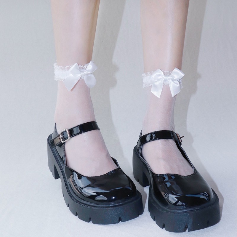 Tất ren nữ trong suốt siêu mỏng viền bèo đính nơ màu trơn phong cách lolita Nhật Bản thời trang mùa hè dễ thương