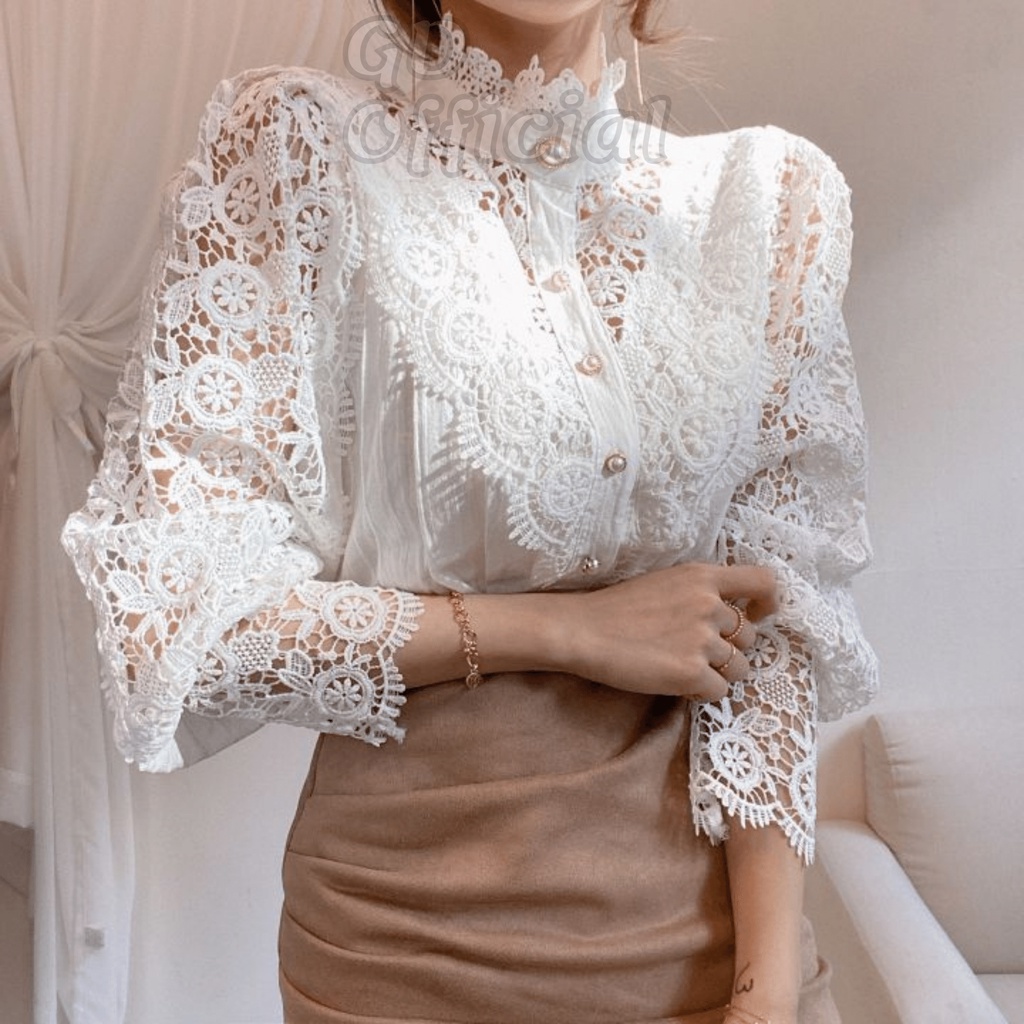 A11|Áo sơ mi sang trọng chất cotton phối ren tinh tế cho nữ khóa cài nút tinh tế dài tay màu trắng, be, đen GD Official