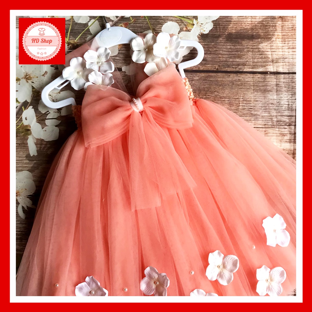 Đầm công chúa cho bé, váy trẻ em gái nơ đính hoa tú cầu dưới chân có nhiều mầu sắc lựa chọn
