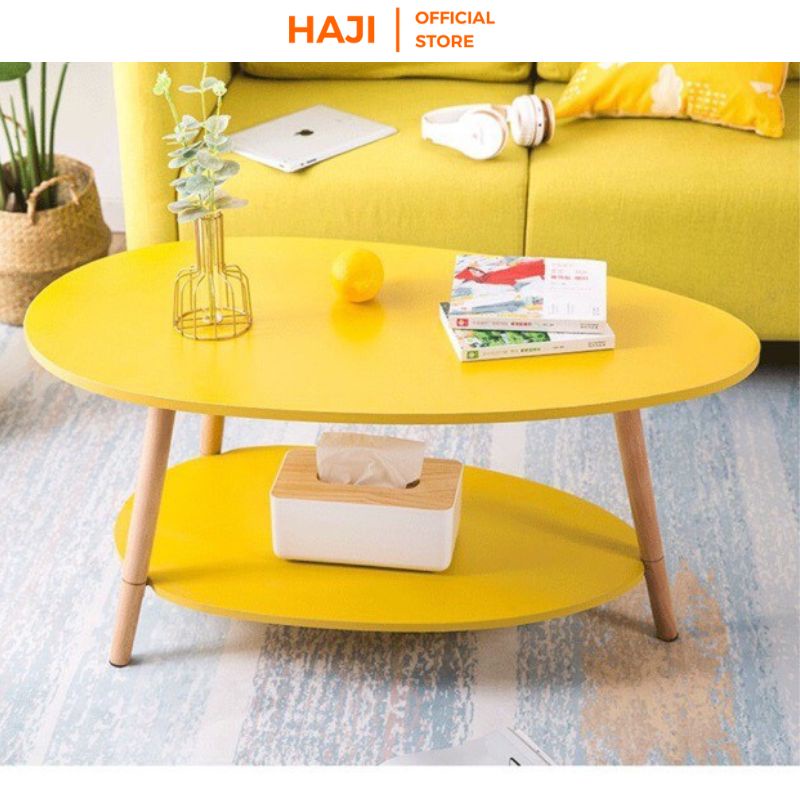 Bàn trà 2 tầng hiện đại chân gỗ sồi chống xước dễ vệ sinh HAJI A56