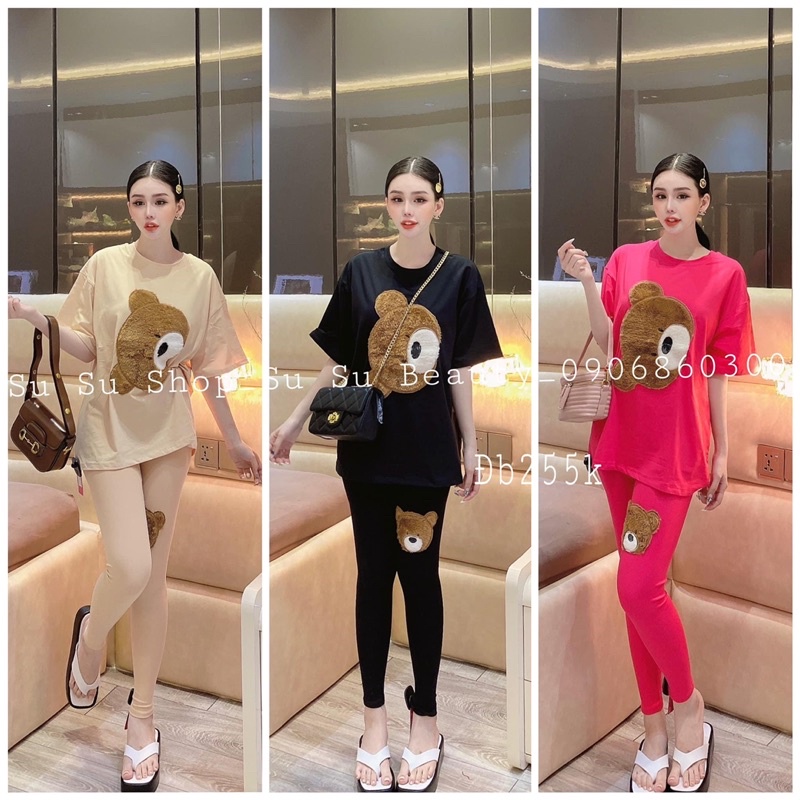 Set quần ôm áo gấu lông thêu vải đẹp giá tốt đủ màu
