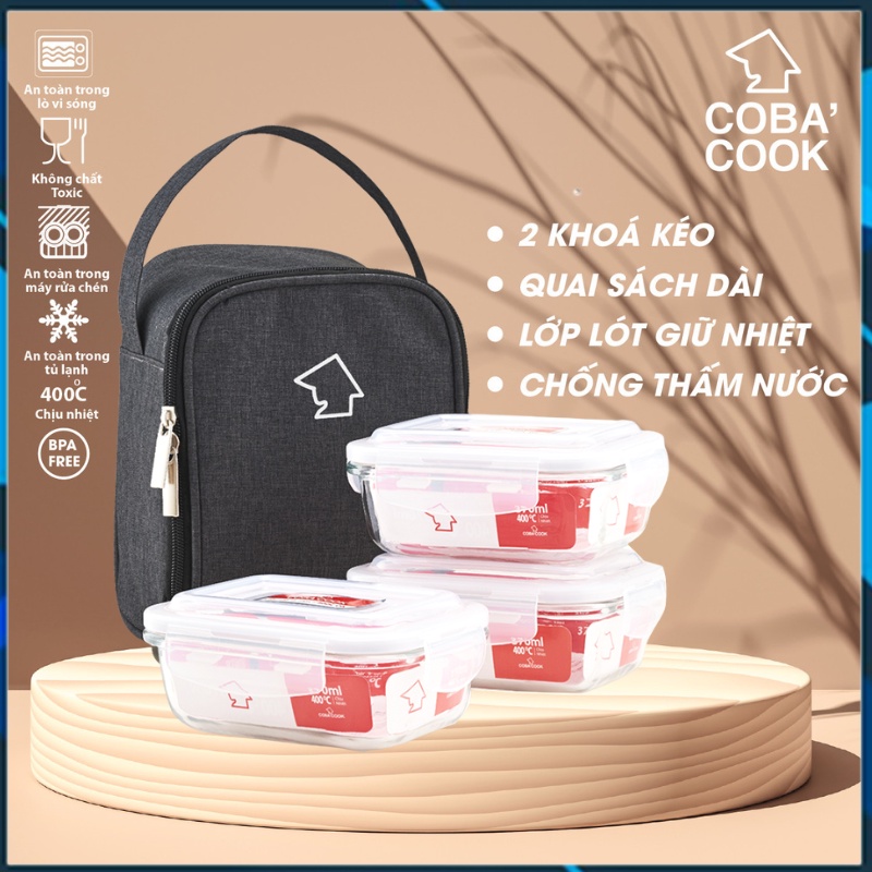 Bộ 3 hộp cơm thủy tinh chịu nhiệt COBACOOK chữ nhật 370ml- CCL33BS