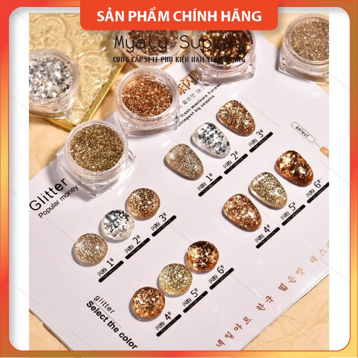 Set 6 Nhũ Nail Mix Vàng Bạc Đỏ Kim Cương