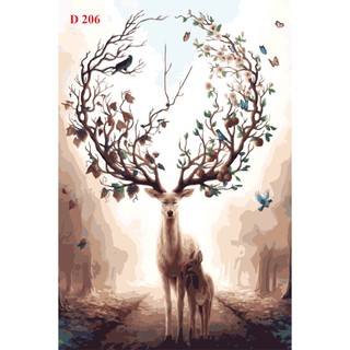 D206 - Tranh sơn dầu số hóa hươu nâu đã căng khung sẵn và dầu phủ bóng