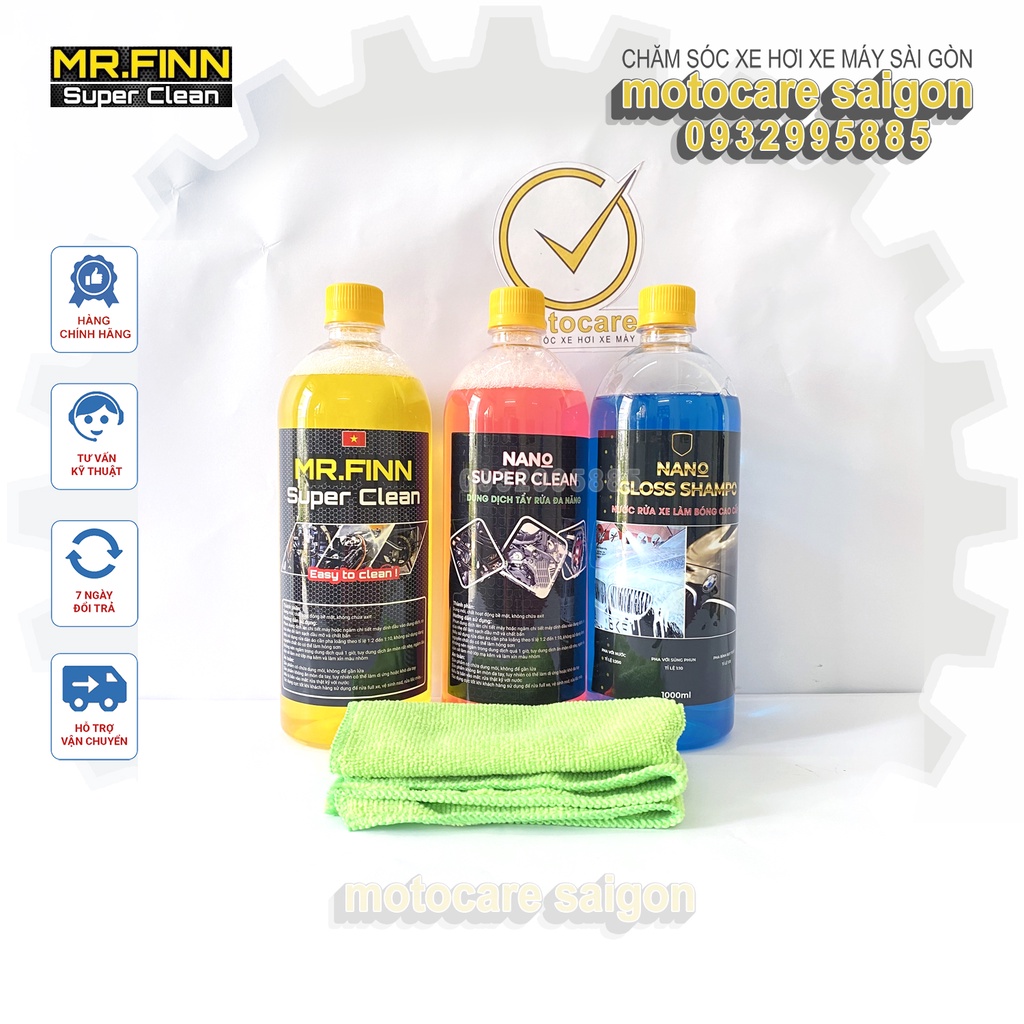 COMBO 3 chai chăm sóc xe Tẩy đa năng Mr Finn Super Clear, Tẩy Nhớt NANO, Rửa xe Siêu Bóng NANO Chai 1L