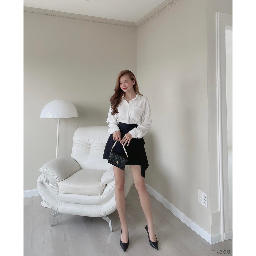 [Ảnh thật] Set áo sơ mi trắng chân váy ngắn cách điệu công sở