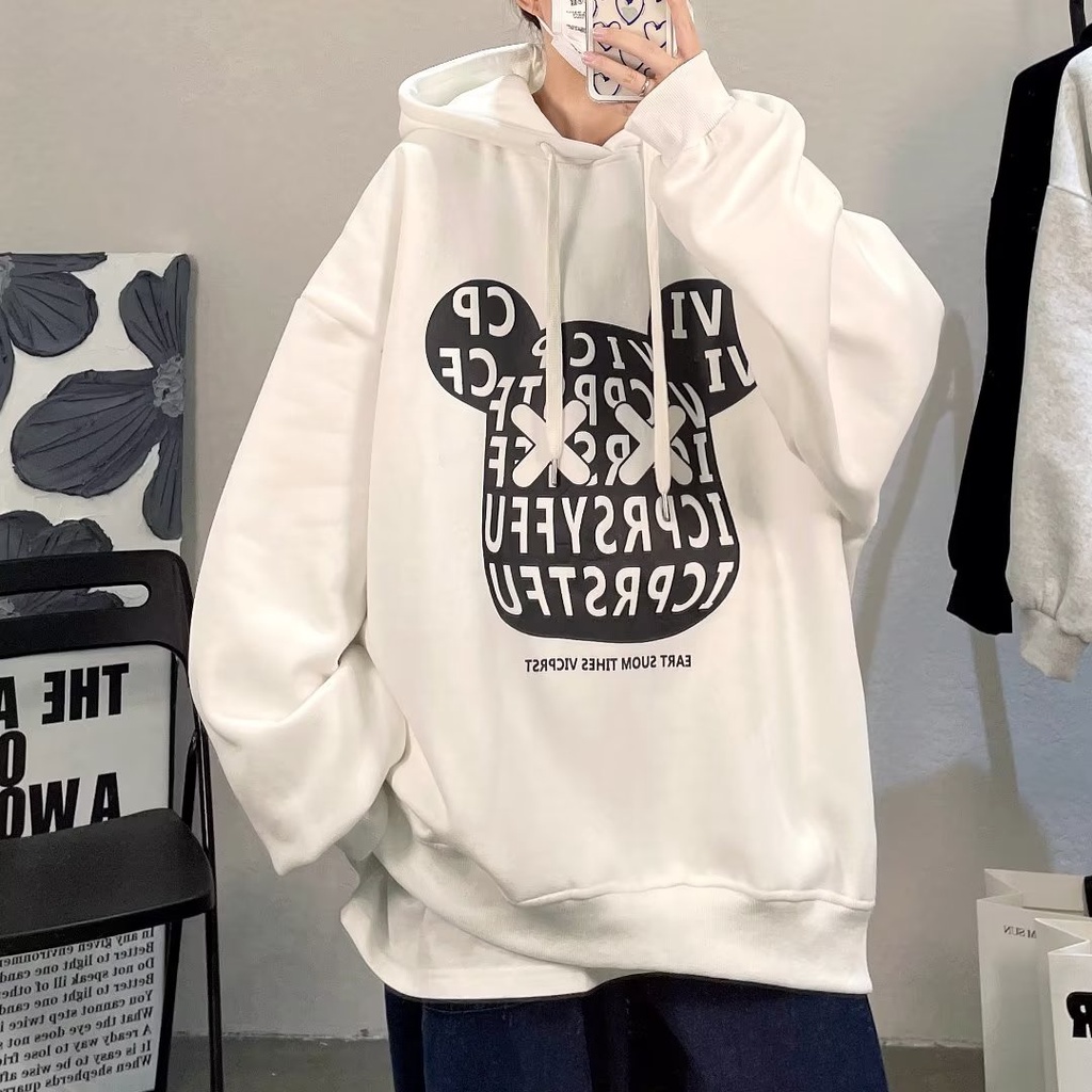Áo Hoodie Tay Dài Dáng Rộng In Họa Tiết Hoạt Hình Gấu Trắng Đen Thời Trang Cho Nam Và Nữ M-5XL