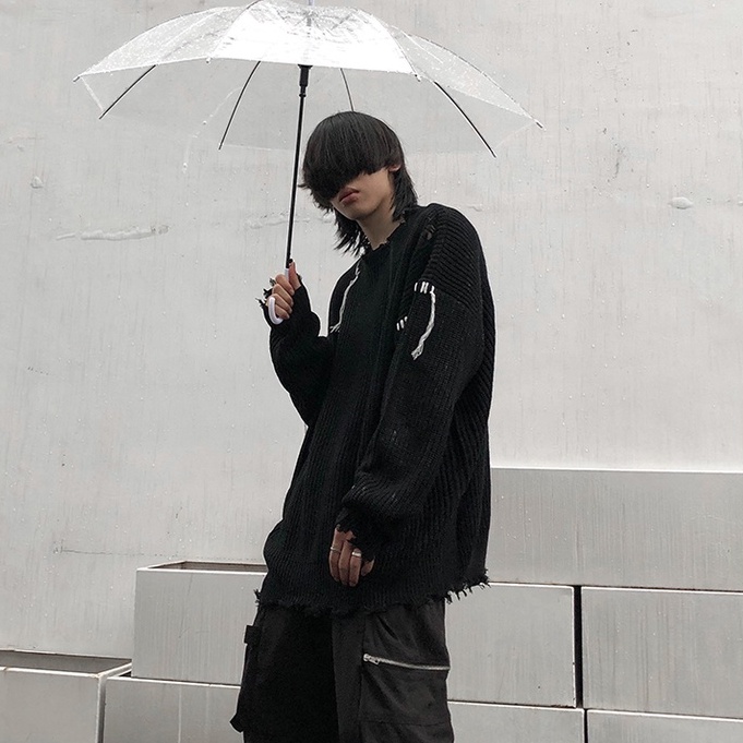 Áo sweater dệt kim dáng rộng phối rách kiểu retro đường phố cá tính cho các cặp đôi