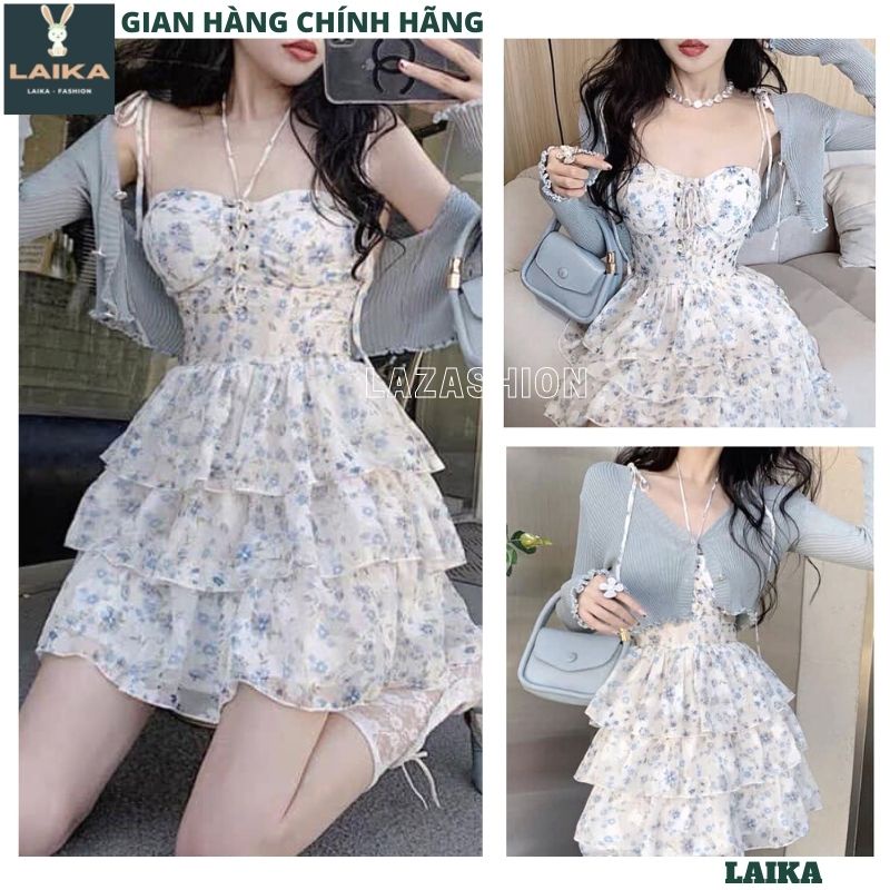Váy voan hoa 2 dây xòe bồng tặng kèm áo choàng ngoài xám đậm kiểu dáng hàn quốc ulzzang tiểu thư dễ thương