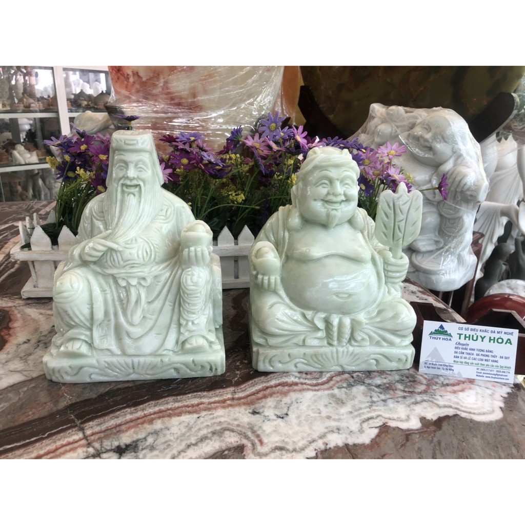 Bộ tượng thờ ông Tài Địa Thần Tài Thổ Địa đá trắng xanh - Cao 20 cm