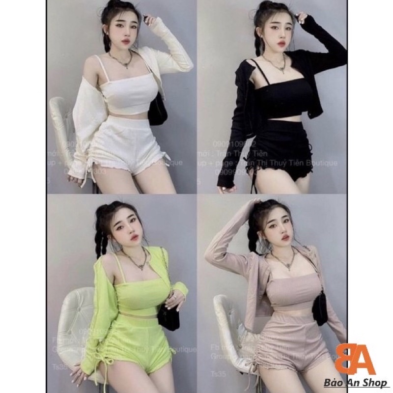 Set ba món sexy áo khoác kèm áo quây và quần dây rút