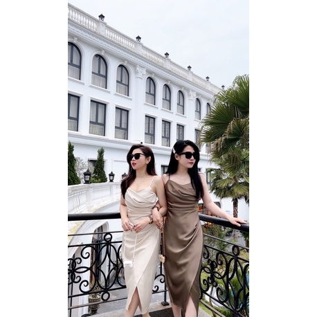 ( Ảnh thật ) 7266 Váy 2 dây lụa cổ xếp nhún eo