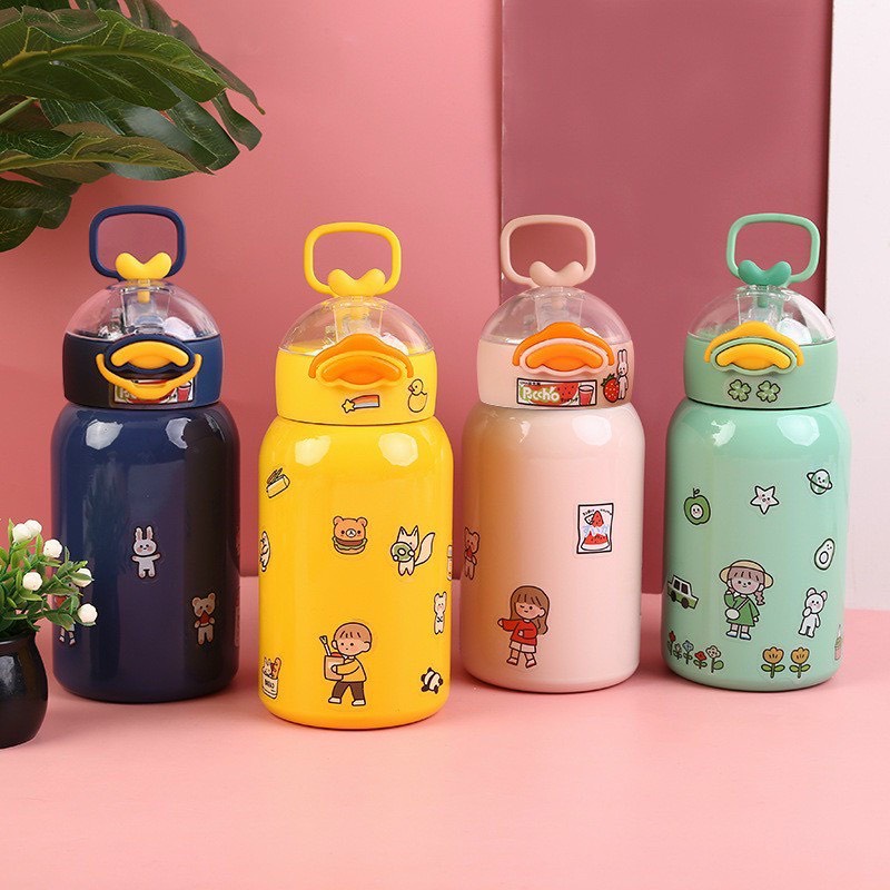Bình nước inox giữ nhiệt hình thú vịt kèm sticker dán dễ thương ngộ nghĩnh siêu đáng yêu 400ml