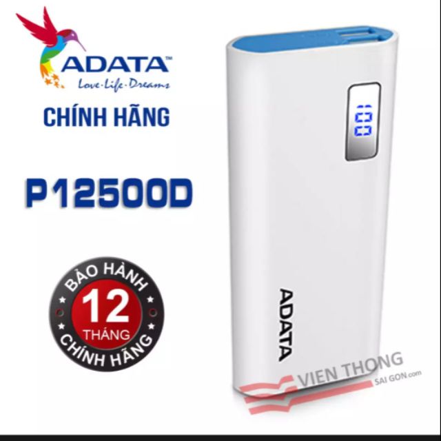 Pin sạc dự phòng ADATA P12500 dung lượng 12500 Mah bảo hành chính hãng 1 năm mới full box