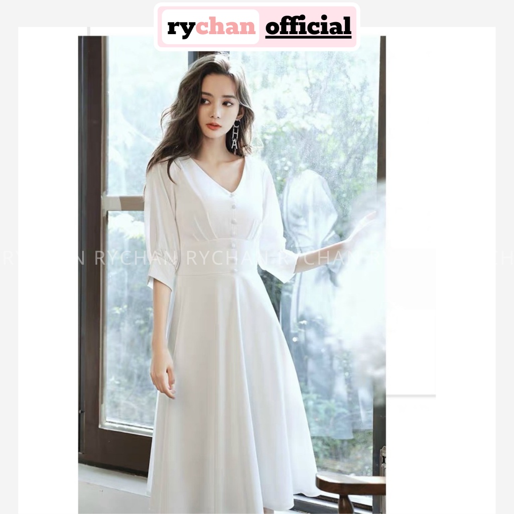 Đầm Xòe Midi Trắng Tay Lỡ Nút Bọc Lót Trong Dày Dặn [Ảnh Thật Cuối] - DX9999