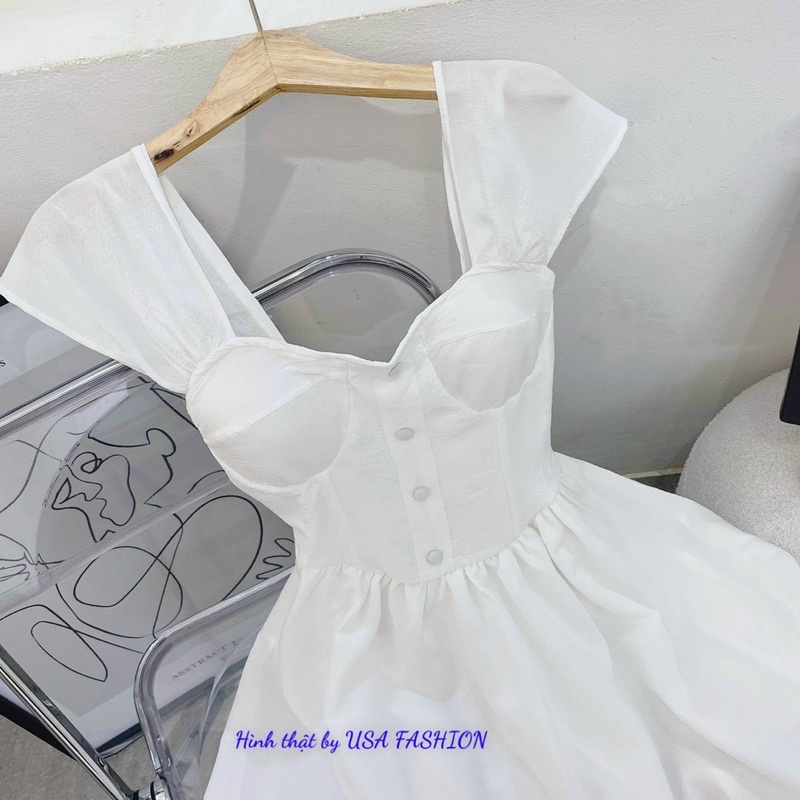 Đầm váy trễ vai cổ yếm có lót trong sẵn mút ngực - KÈM HÌNH THẬT USA FASHION