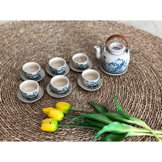 Bộ Ấm Chén Bát Tràng Men Rạn Cổ Vẽ Hoa Sen Vung Lõm