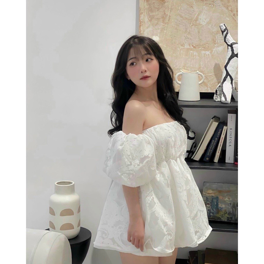 [Sẵn] Áo ren trễ vai tay bo nhún ngực trễ vai hoa chìm siêu xinh