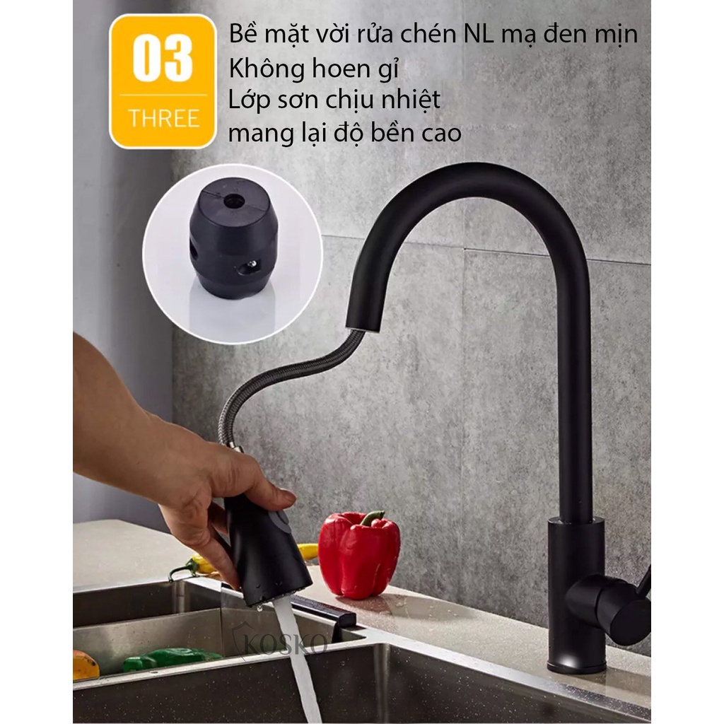 Vòi rửa chén inox 304 nóng lạnh Vòi rửa bát rút đa năng mạ sơn đen tĩnh điện - xoay 360 độ - tăng áp cao cấp (Bảo hành 1