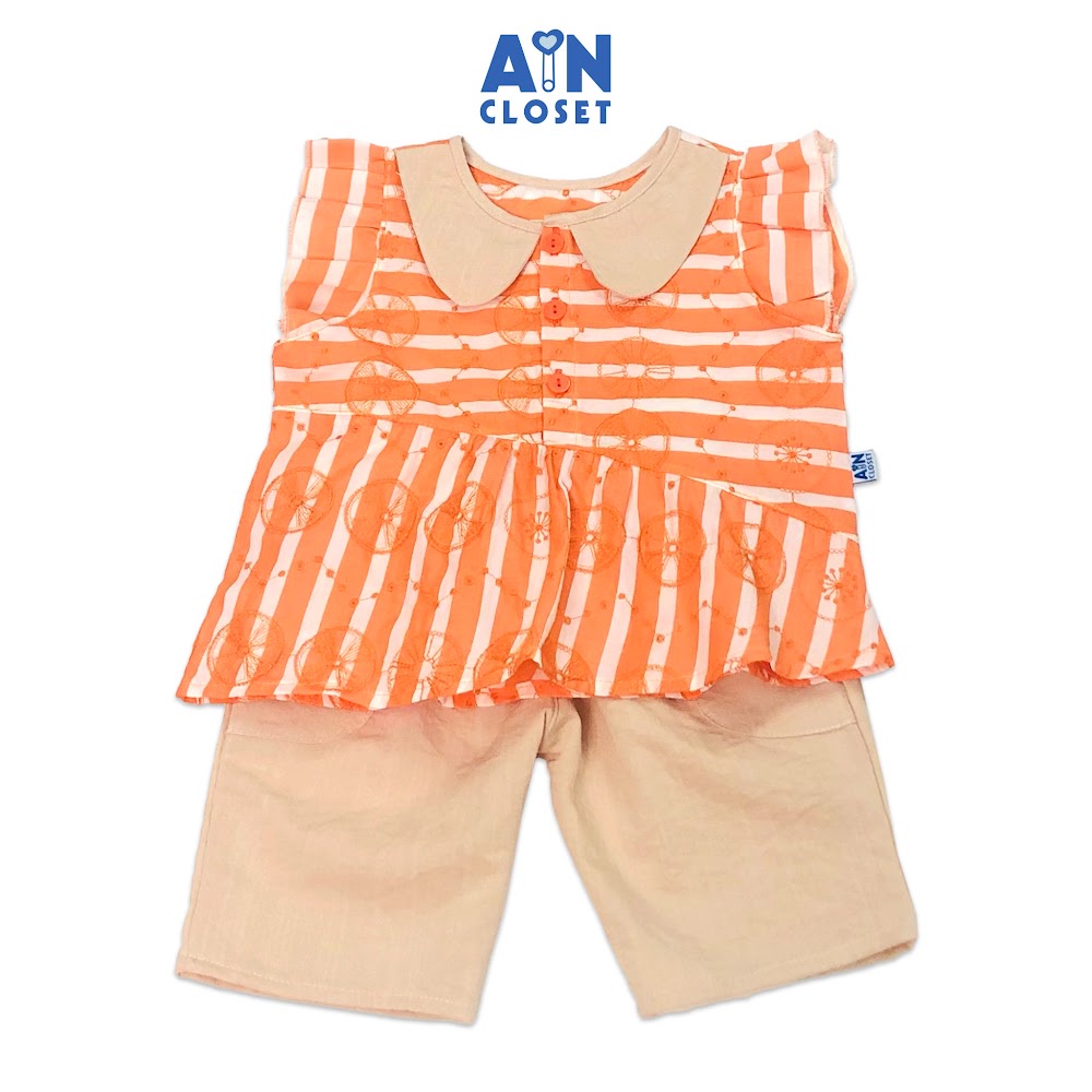 Bộ quần áo lửng bé gái họa tiết Kẻ cam cotton thêu quần kem - AICDBGNQVNQA - AIN Closet