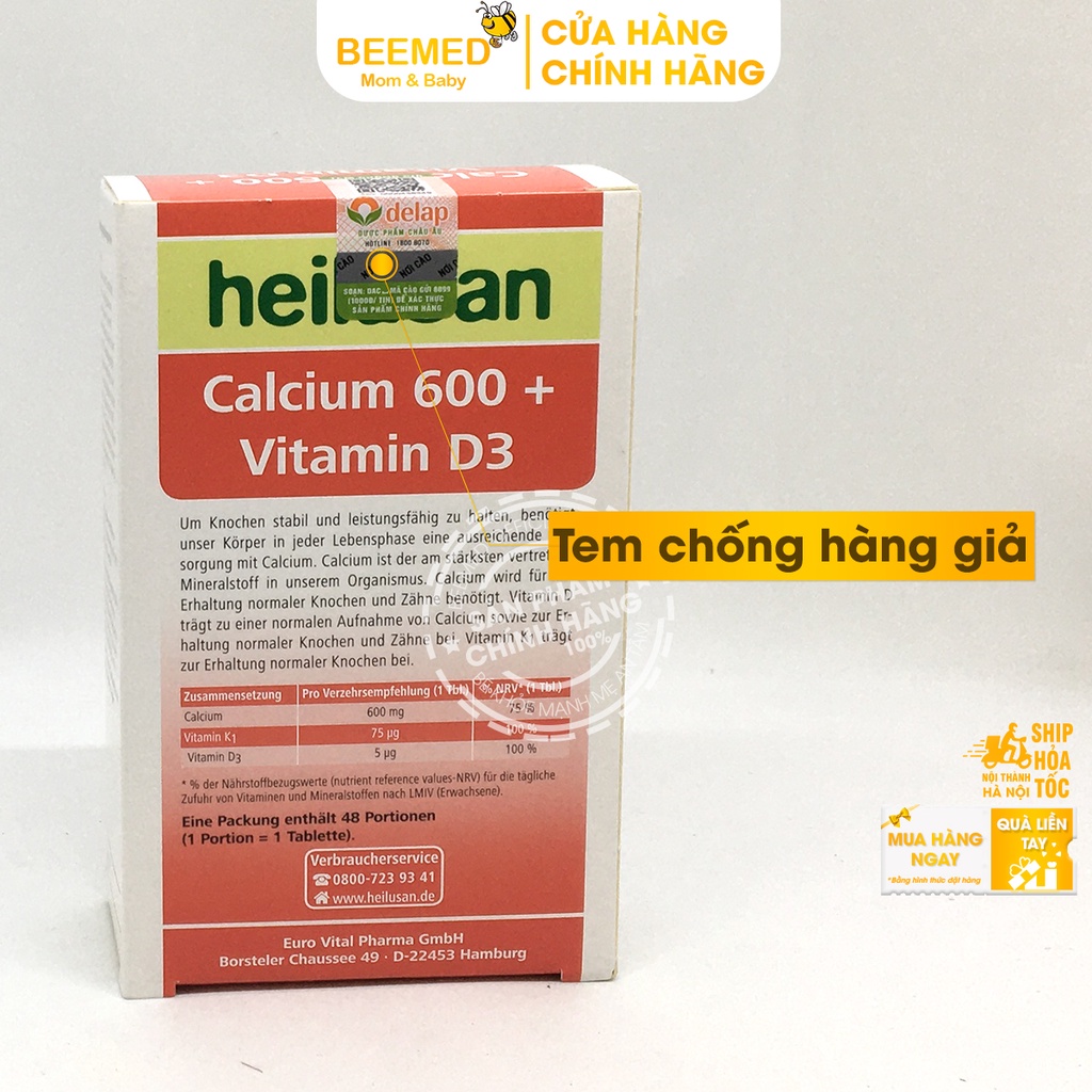 Bổ sung Canxi - Heilusan Calcium 600 + Vitamin D3 - hỗ trợ hấp thu Calci giúp xương răng chắc khỏe - hộp 48 viên