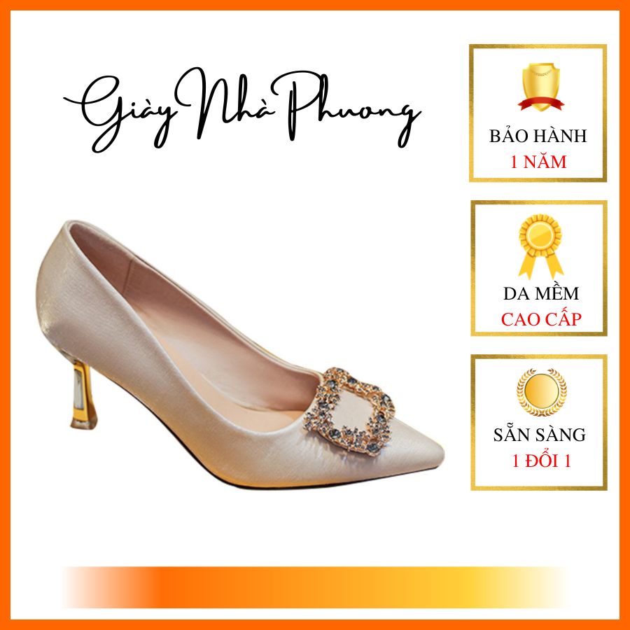 Giày Cao Gót Nữ Cao Cấp Chất Lụa Xước Mũi Nhọn Thiết Kế Charm Đá Cao 6P- Giày Nhà Phương DA706