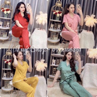 [Tuý Shop ] Pijama Lụa Gấm Hoạ Tiết Lv Tay Ngắn Quần Dài