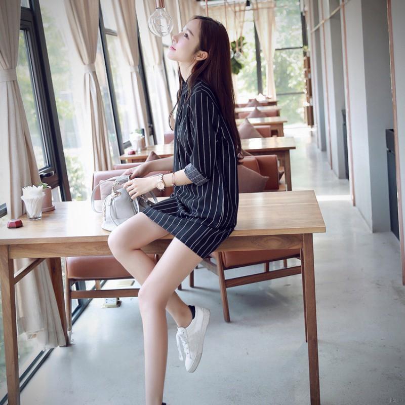 Đầm Mini Nữ Kẻ Sọc Tay Dài Cổ Bẻ Thanh Lịch đầm hoa váy hoa nhí