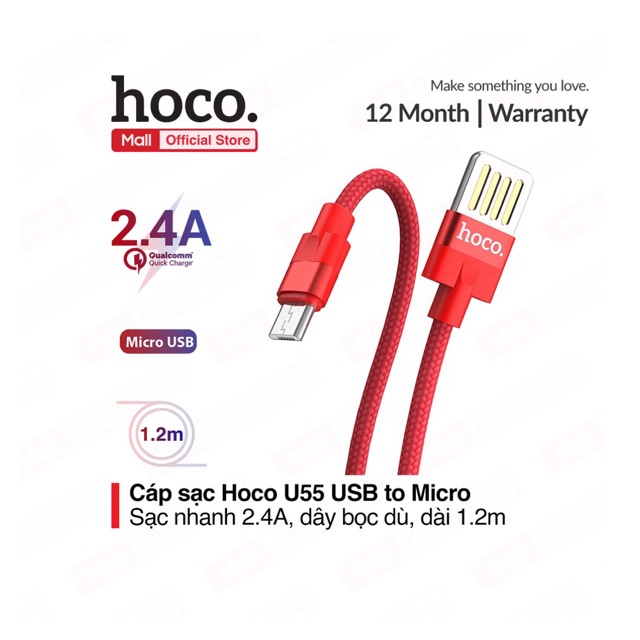 Cáp sạc nhanh Hoco U55 Micro USB dài 1.2m nguồn ra 2.4A Max dành cho Smart phone - Table