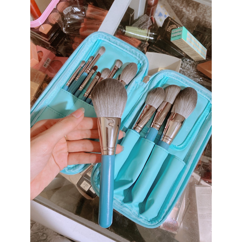 Bộ Cọ Trang Điểm Kèm Bao Da Sang Chảnh Chất Lông Thú 13 Cây [ Màu Xanh- Chính Hãng]