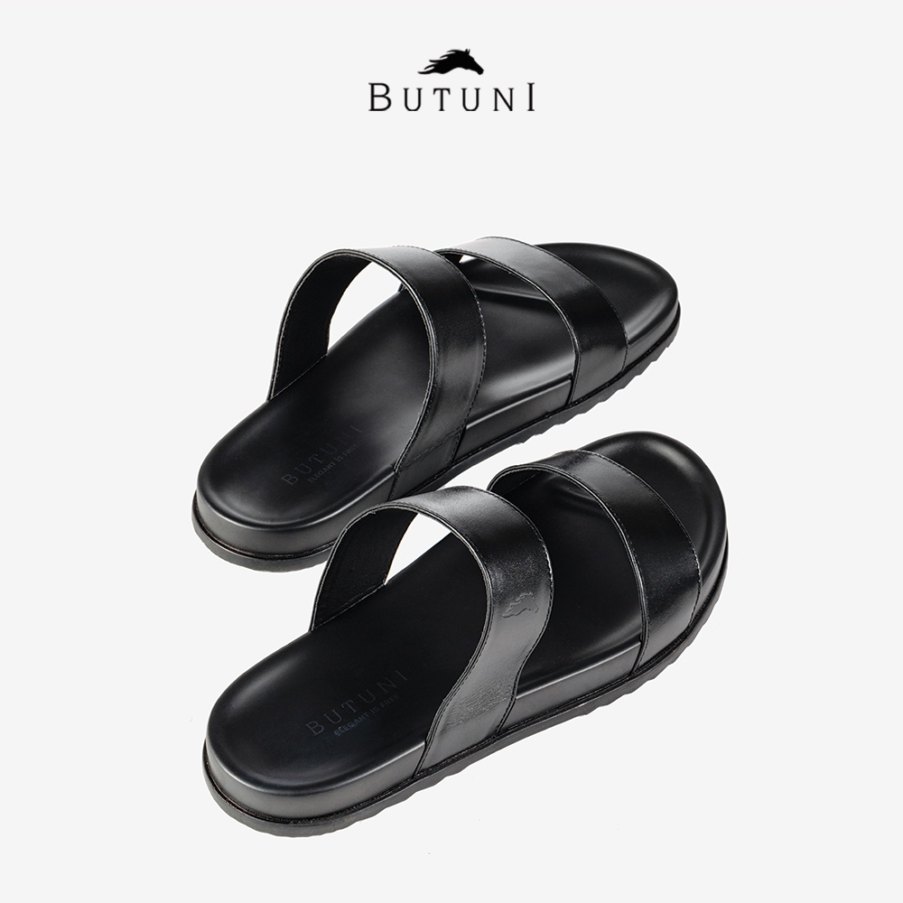 Dép hai quai ngang da thật Butuni Lines Slippers - Đen