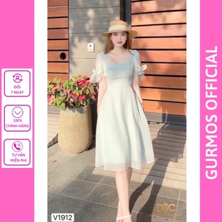 Đầm maxi ngắn tay,váy voan xanh xòe cổ lọ hàng thiết kế cao cấp