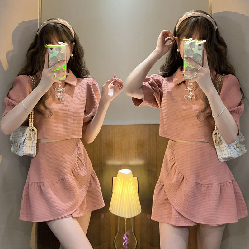 Set váy áo croptop Bộ Áo Tay Phồng Ngắn + Chân Váy Phồng Màu Trơn Thời Trang Mùa Hè 2023