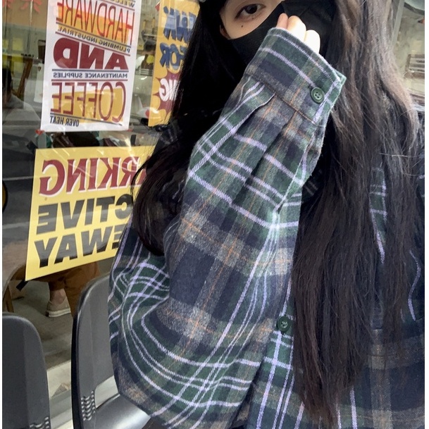 ZHELIHANGFEI Áo Sơ Mi Tay Dài Họa Tiết Sọc Caro Phong Cách Retro Thời Trang