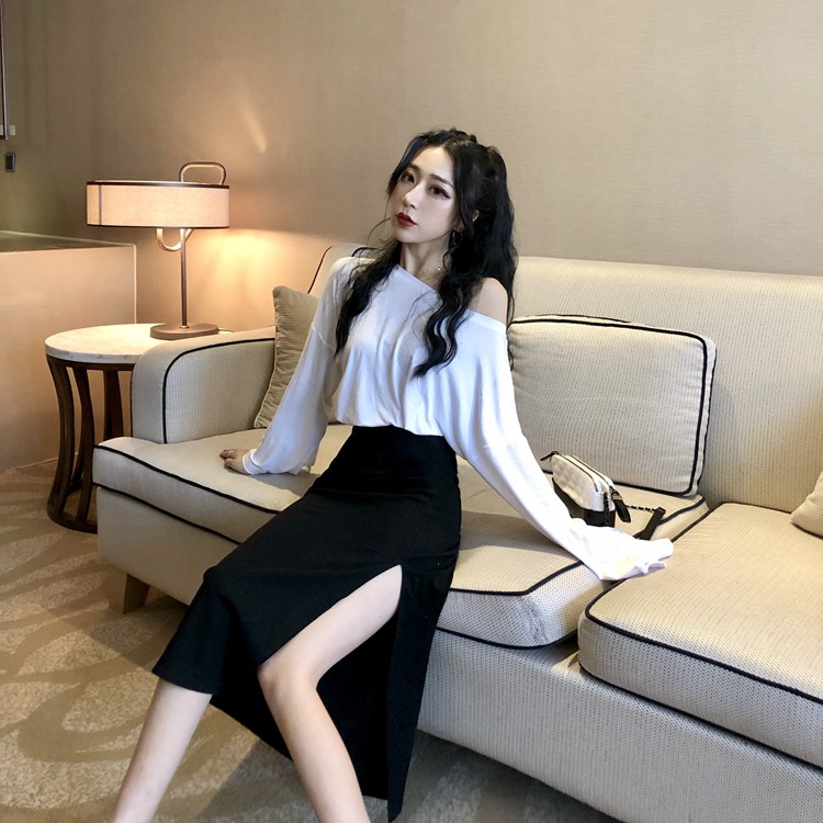 Xiaozhainv Áo thun màu trơn tay dài/ chân váy lưng cao xẻ tà kiểu dáng gợi cảm cho nữ | BigBuy360 - bigbuy360.vn