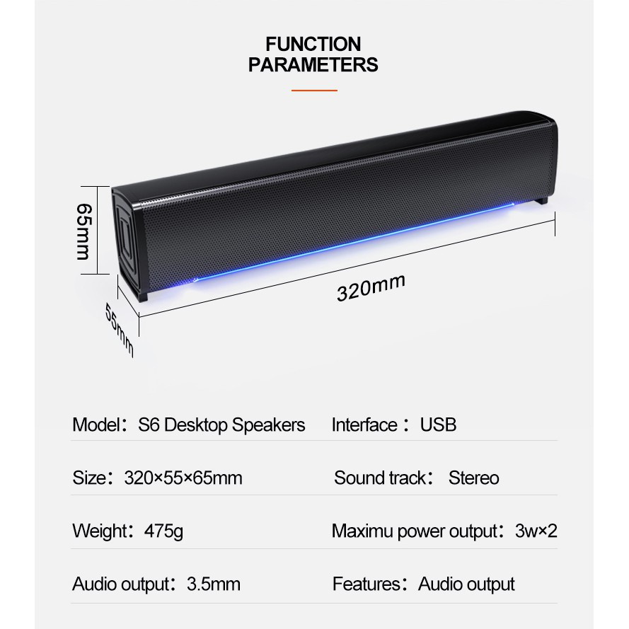 Loa vi tính T-WOLF S6 Led Cảm Ứng Theo Nhạc cho laptop máy tính Sound Bar T-Wolf Bass Ấm
