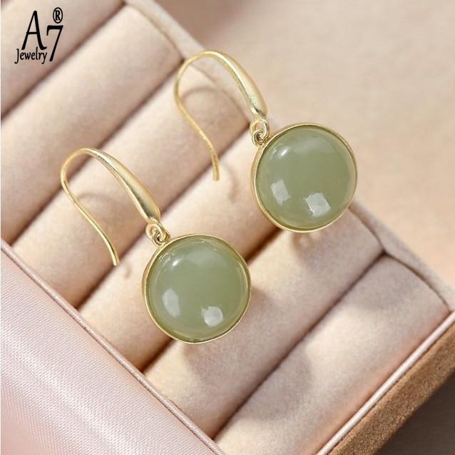 Bông Tai Mạ Bạc 925 Hình Tròn Đính Đá Ngọc Bích Màu Xám Thanh Lịch