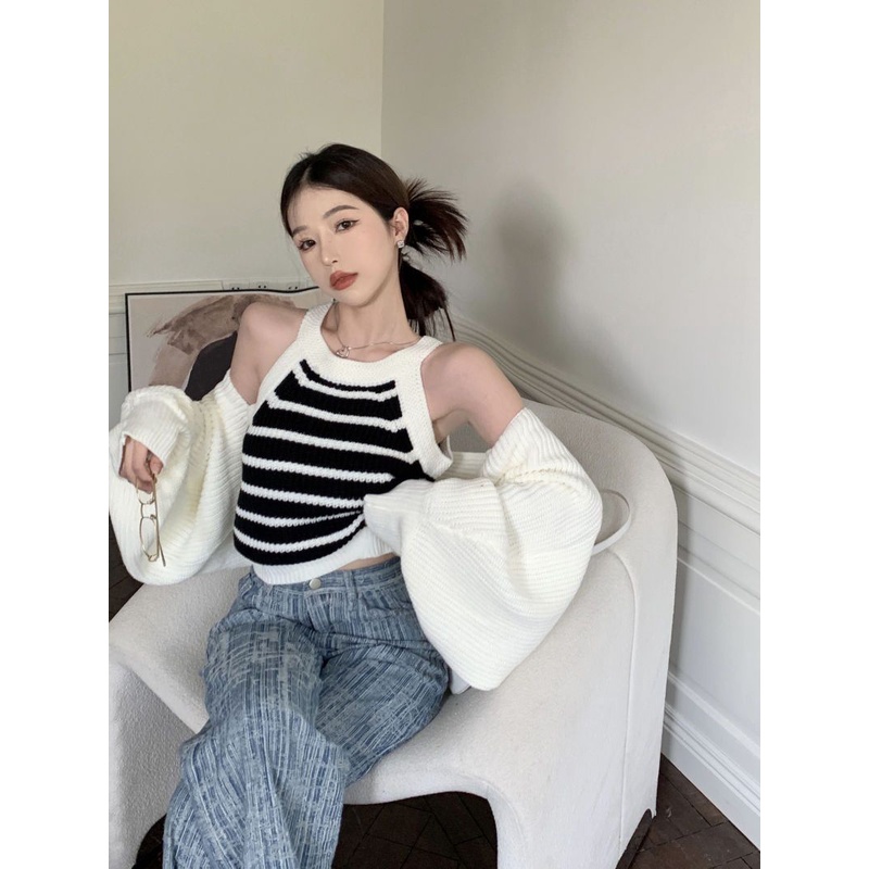 Áo Sweater Dệt Kim Tay Dài Dáng Ngắn Thời Trang Mùa Thu Cho Nữ