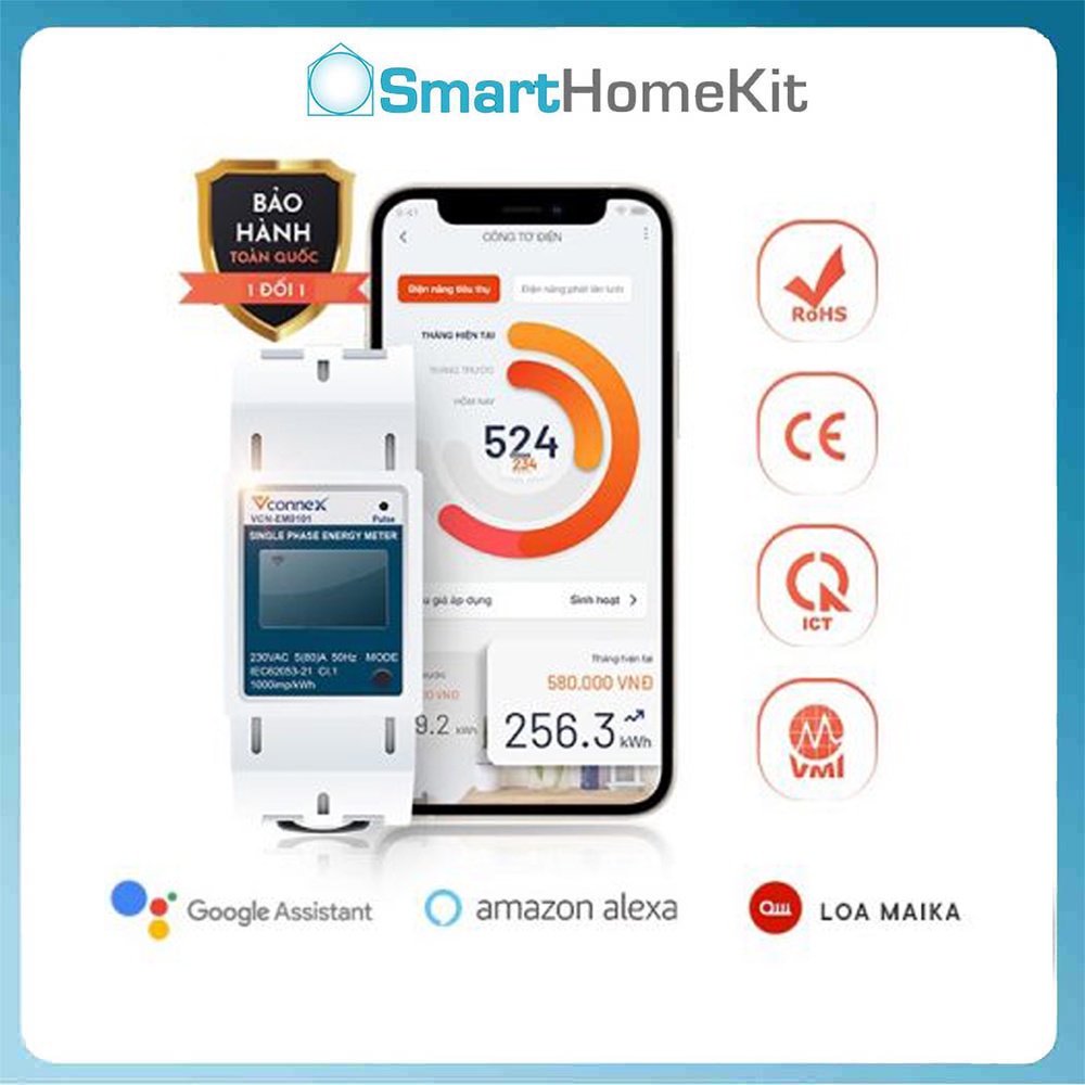 Bộ giám sát tiêu thụ điện năng thông minh Vconnex - Màn hình hiển thị LCD, kết nối qua App và Wifi 2.4 GHz