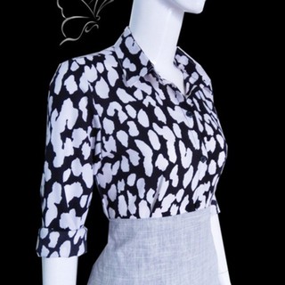 Áo somi nữ, tay dài, nền đen đốm trắng _ T 158