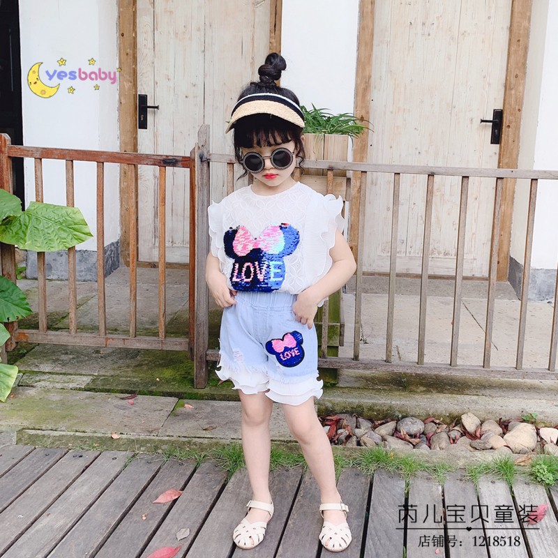 Set Áo Thun Tay Ngắn & Quần Đùi Denim Cho Bé Gái