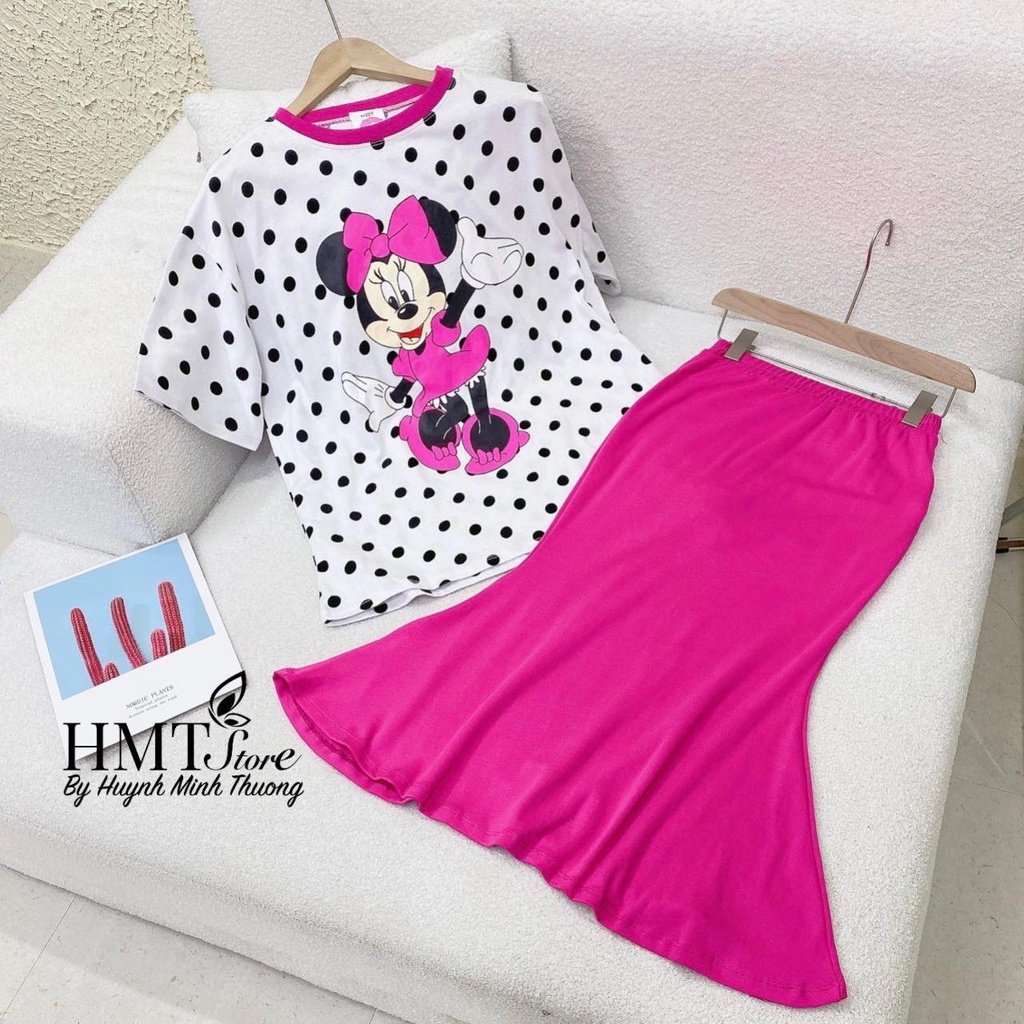 Set áo chấm bi mickey hồng chân váy đuôi cá