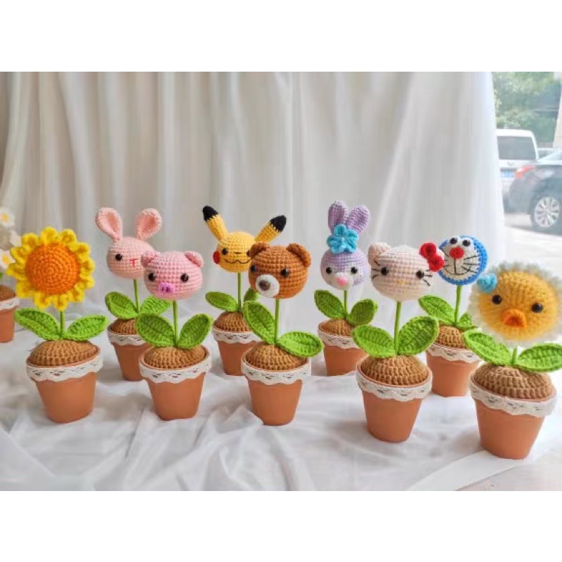 Chậu hoa len mini tulip,dâu tây xinh xắn