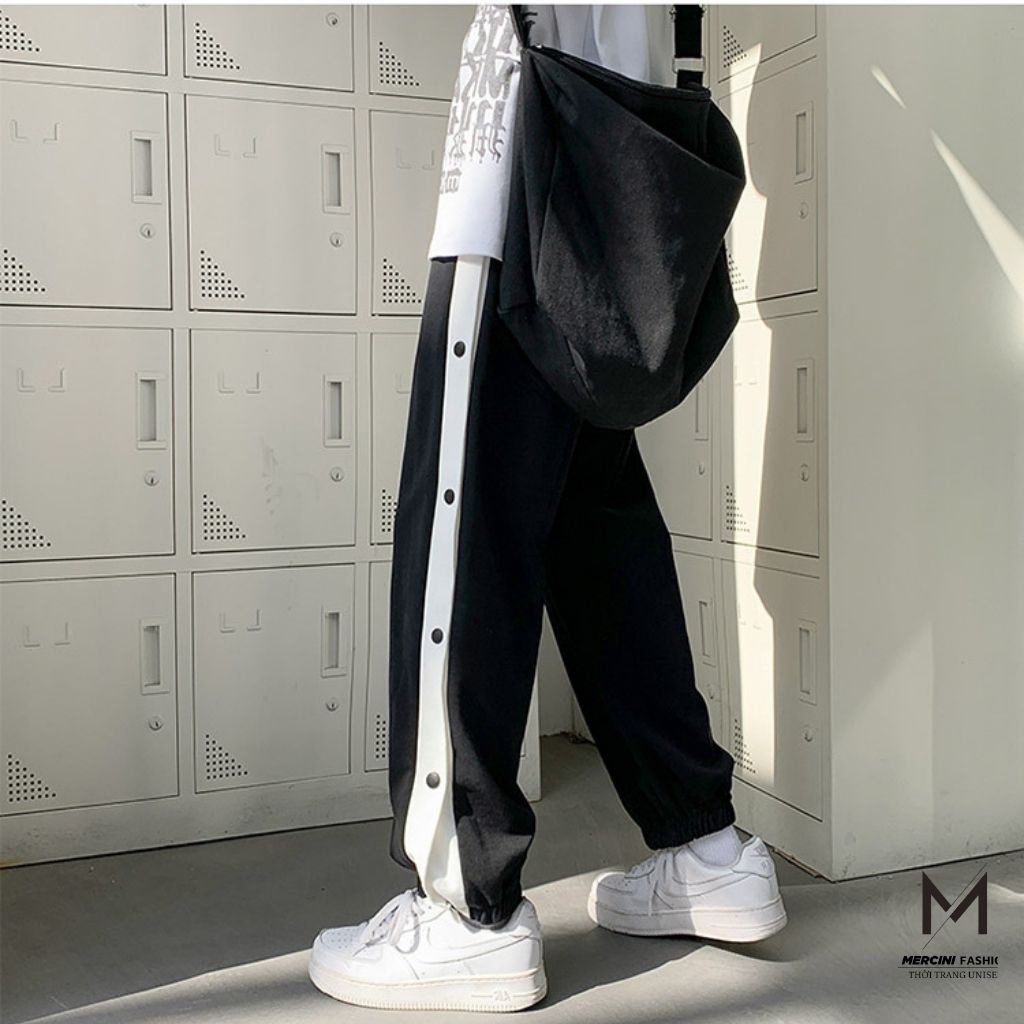 Quần ống rộng UNISEX MERCINI quần cúc POLY phối cúc,khuy nút có chun bo gấu một sọc quần ống rộng cao cấp thời trang