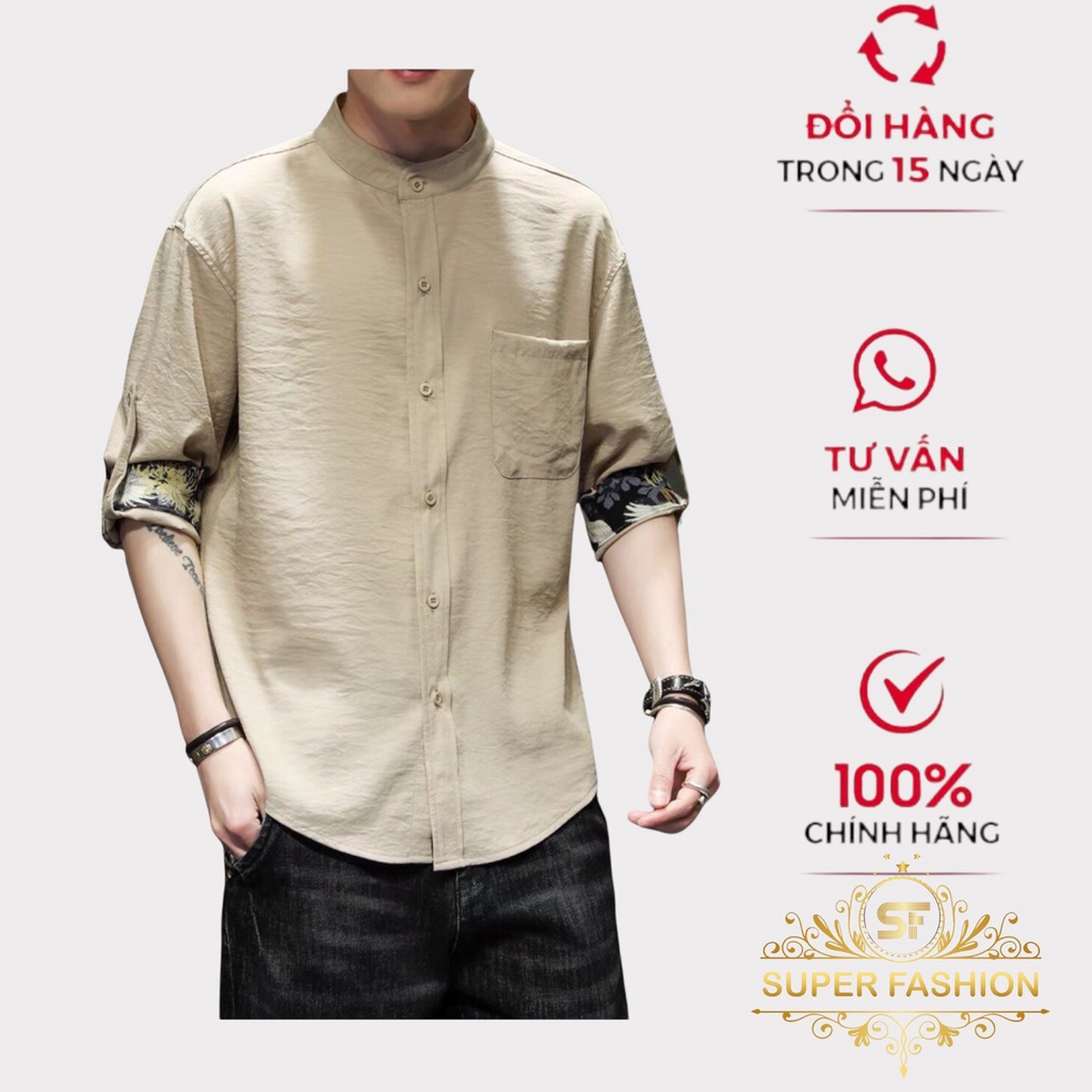 Áo sơ mi nam cổ tàu tay lỡ phối 3D sành điệu chất liệu đũi cao cấp không nhăn ,không xù ,không phai màu super fashion