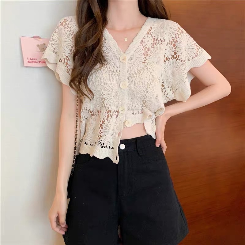 Áo Khoác Len Ren Đan Hoa Ngắn Tay