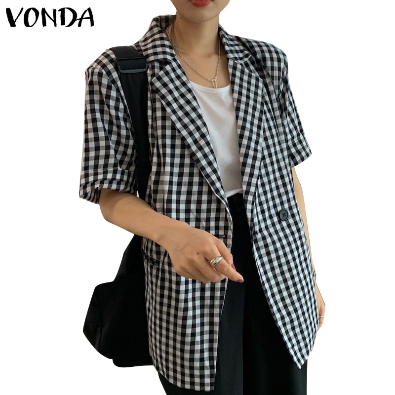 Áo khoác blazer VONDA ngắn tay họa tiết sọc caro phong cách Hàn Quốc | BigBuy360 - bigbuy360.vn